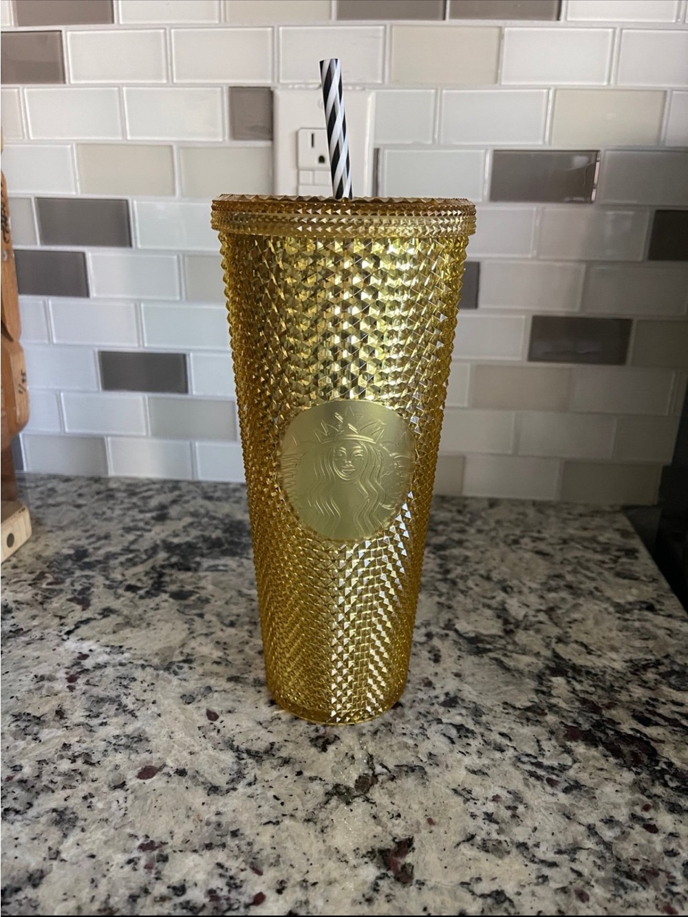 STARBUCKS Gold Studded Tumbler with Black and White Striped Straw